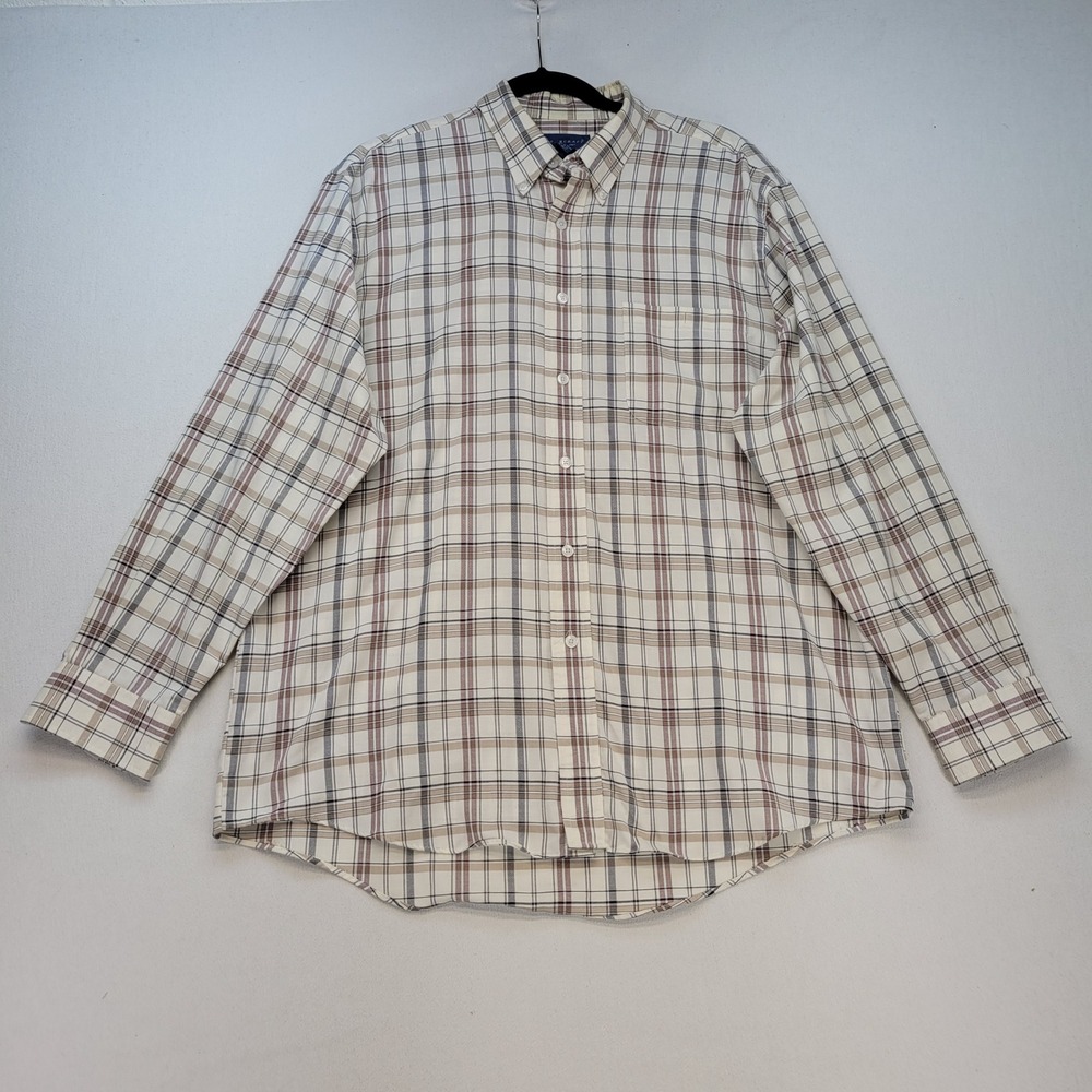Towncraft Button Down‎ Shirt Mens Large Beige Plaid Wrinkle-Free Long Sleeve